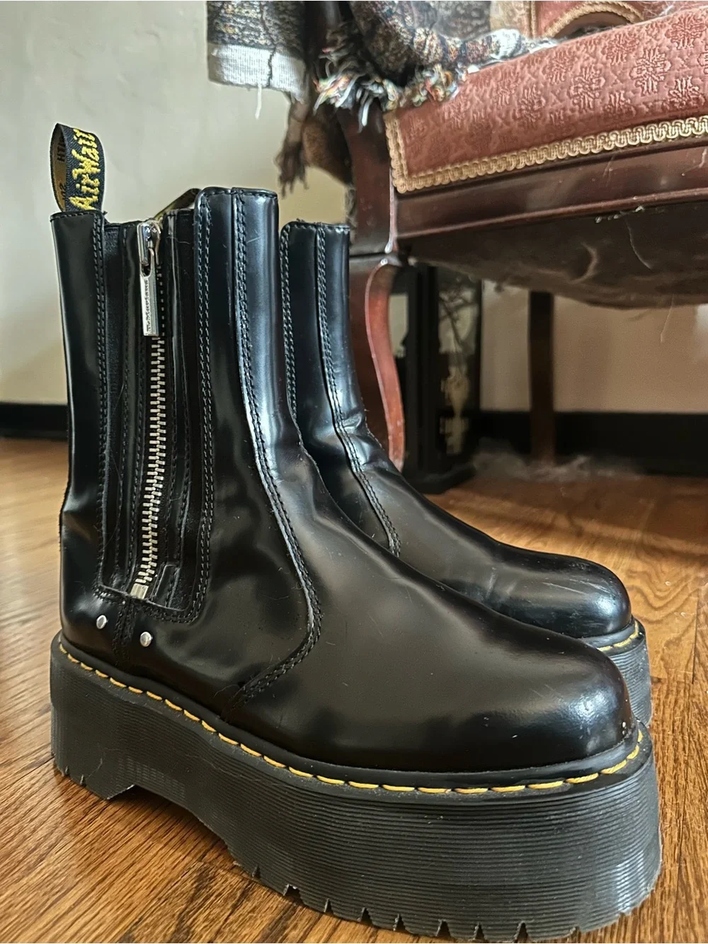 Dr. Martens Black Leather Platform Chelsea Boots with Yellow Welt Stitching